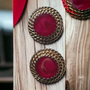 Fashion Vintage Clip On Earrings Womens Grandma Core Gold Tone Maroon Jewelry